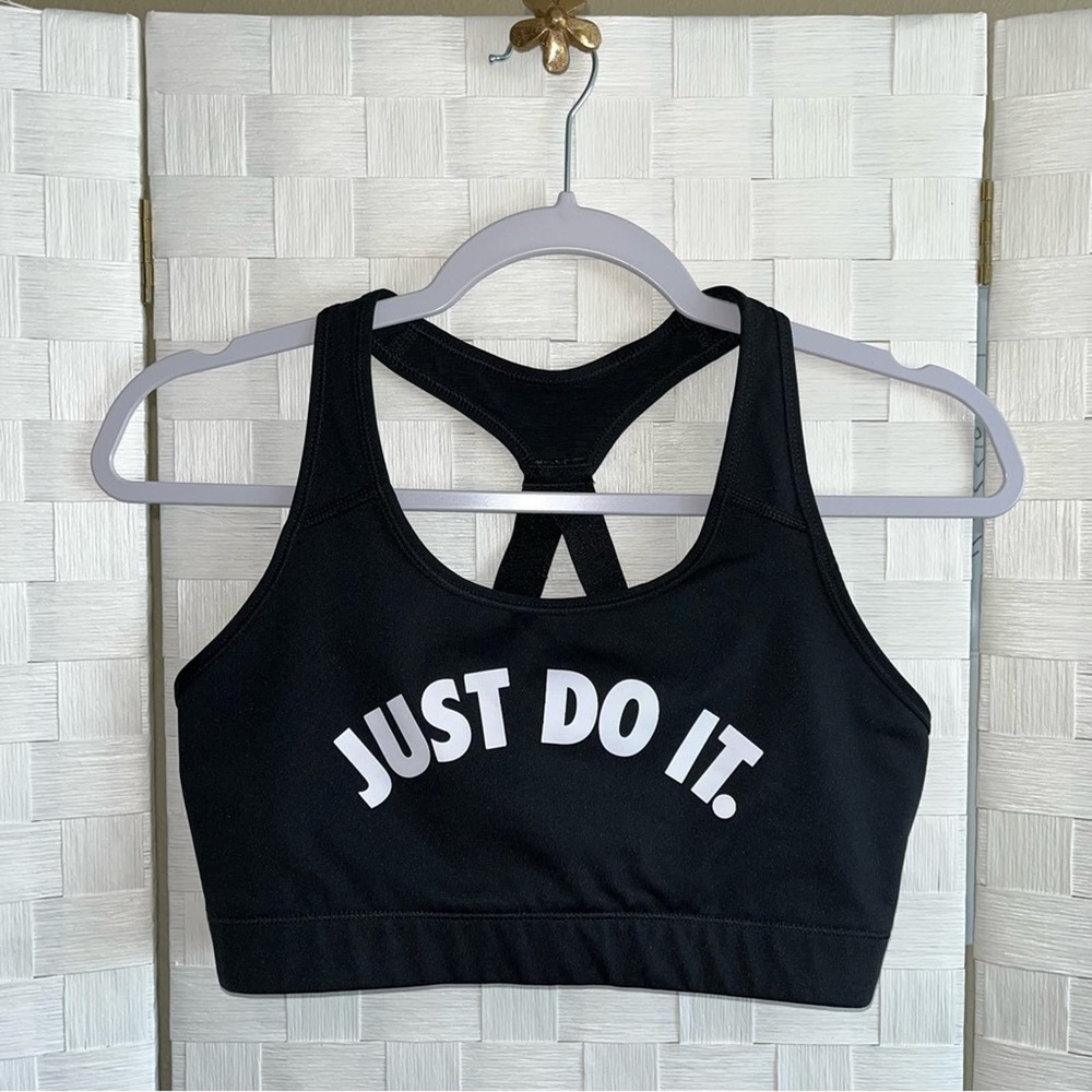 Nike Womens Just Do It Logo Sport Bra Size Large Black And White Classic Basic